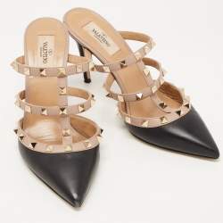 Pre Owned Valentino Black Leather Rockstud Strappy Pointed Toe Mules Size 38.5
