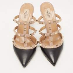 Pre Owned Valentino Black Leather Rockstud Strappy Pointed Toe Mules Size 38.5