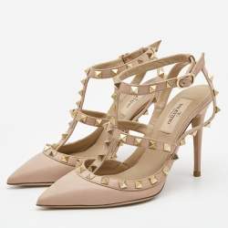 Pre Owned Valentino Pink Leather Rockstud Ankle Strap Pumps Size 36