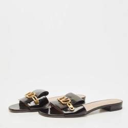 Pre Owned Valentino Black Patent Leather V Club Logo Flat Slides Size 41