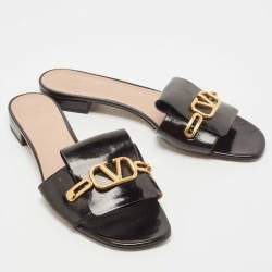 Pre Owned Valentino Black Patent Leather V Club Logo Flat Slides Size 41