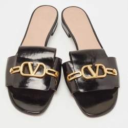 Pre Owned Valentino Black Patent Leather V Club Logo Flat Slides Size 41