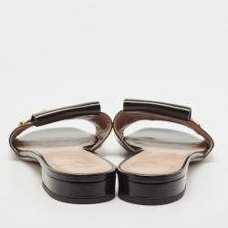 Pre Owned Valentino Black Patent Leather V Club Logo Flat Slides Size 41
