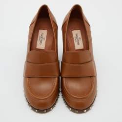 Pre Owned Valentino Brown Leather Rockstud Loafer Pumps Size 38.5