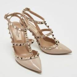 Pre Owned Valentino Powder Pink Patent Leather Rockstud Strappy Pointed Toe Pumps Size 35.5