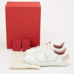 Pre Owned Valentino White/Pink Leather Backnet Sneakers Size 38.5