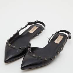 Pre Owned Valentino Black Patent and Leather Rockstud D'orsay Flats Size 38