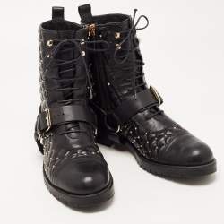 Pre Owned Valentino Black Quilted Leather Rockstud Buckle Details Ankle Boots Size 39  