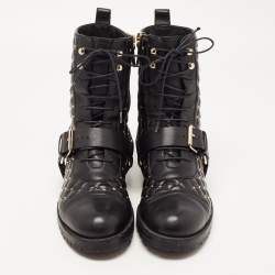Pre Owned Valentino Black Quilted Leather Rockstud Buckle Details Ankle Boots Size 39  