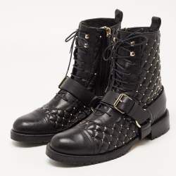 Pre Owned Valentino Black Quilted Leather Rockstud Buckle Details Ankle Boots Size 39  
