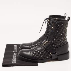 Pre Owned Valentino Black Quilted Leather Rockstud Buckle Details Ankle Boots Size 39  