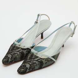Pre Owned Valentino Black/Green Lace and Satin Bow Slingback Pumps Size 39