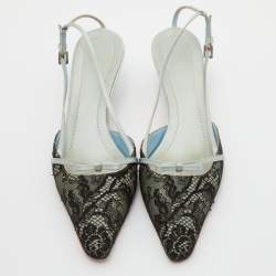 Valentino Black/Green Lace and Satin Bow Slingback Pumps Size 39