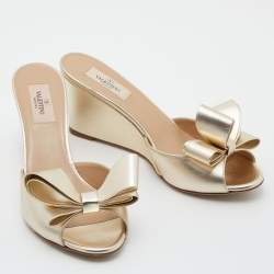 Pre Owned Valentino Gold Leather Bow Wedge Sandals Size 39