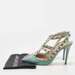 Pre Owned Valentino Green Leather Rockstud Strappy Pointed Toe Pumps Size 39