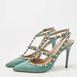 Pre Owned Valentino Green Leather Rockstud Strappy Pointed Toe Pumps Size 39