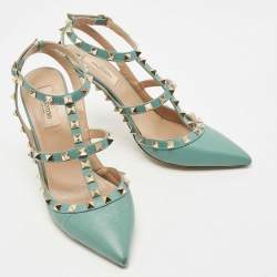 Pre Owned Valentino Green Leather Rockstud Strappy Pointed Toe Pumps Size 39