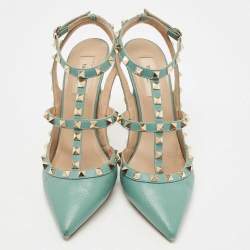 Pre Owned Valentino Green Leather Rockstud Strappy Pointed Toe Pumps Size 39