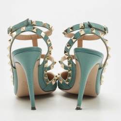 Pre Owned Valentino Green Leather Rockstud Strappy Pointed Toe Pumps Size 39