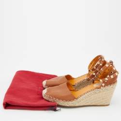 Pre Owned Valentino Brown Leather Rockstud Ankle Strap Wedge Espadrilles Size 39