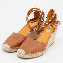 Pre Owned Valentino Brown Leather Rockstud Ankle Strap Wedge Espadrilles Size 39