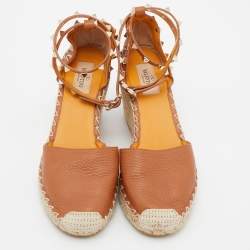 Pre Owned Valentino Brown Leather Rockstud Ankle Strap Wedge Espadrilles Size 39