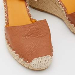 Pre Owned Valentino Brown Leather Rockstud Ankle Strap Wedge Espadrilles Size 39