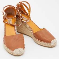 Pre Owned Valentino Brown Leather Rockstud Ankle Strap Wedge Espadrilles Size 39