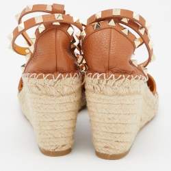 Pre Owned Valentino Brown Leather Rockstud Ankle Strap Wedge Espadrilles Size 39