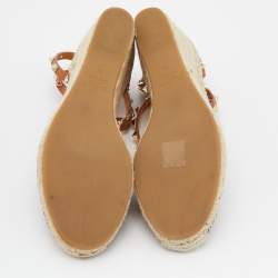 Pre Owned Valentino Brown Leather Rockstud Ankle Strap Wedge Espadrilles Size 39
