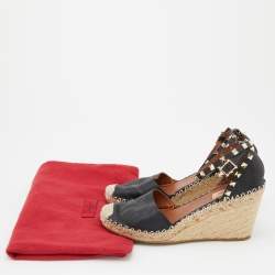 Pre Owned Valentino Black Leather Rockstud Ankle Strap Wedge Espadrilles Size 39