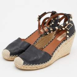 Pre Owned Valentino Black Leather Rockstud Ankle Strap Wedge Espadrilles Size 39