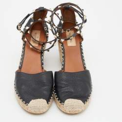 Pre Owned Valentino Black Leather Rockstud Ankle Strap Wedge Espadrilles Size 39