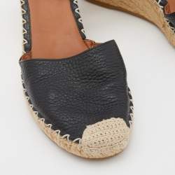 Pre Owned Valentino Black Leather Rockstud Ankle Strap Wedge Espadrilles Size 39