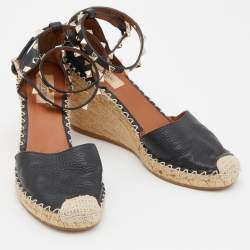 Pre Owned Valentino Black Leather Rockstud Ankle Strap Wedge Espadrilles Size 39