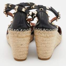 Pre Owned Valentino Black Leather Rockstud Ankle Strap Wedge Espadrilles Size 39