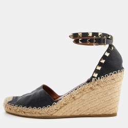 Pre Owned Valentino Black Leather Rockstud Ankle Strap Wedge Espadrilles Size 39
