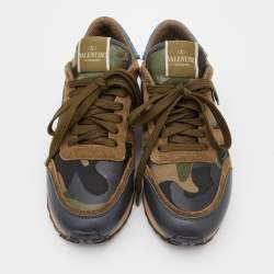 Pre Owned Valentino Multicolor Camo Print Canvas and Leather Rockrunner Sneakers Size 37