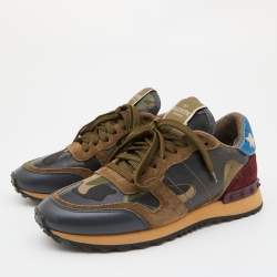 Pre Owned Valentino Multicolor Camo Print Canvas and Leather Rockrunner Sneakers Size 37