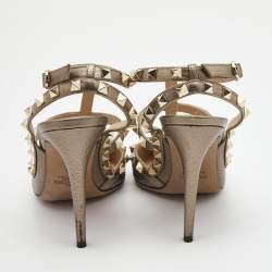 Pre Owned Valentino Metallic Grey Leather Rockstud Ankle Strap Pumps Size 39