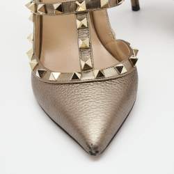 Pre Owned Valentino Metallic Grey Leather Rockstud Ankle Strap Pumps Size 39