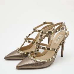 Pre Owned Valentino Metallic Grey Leather Rockstud Ankle Strap Pumps Size 39