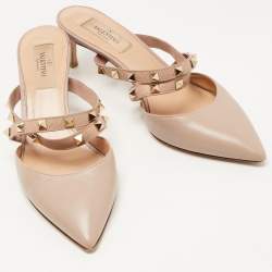 Pre Owned Valentino Beige Leather Rockstud Strappy Mules Size 37