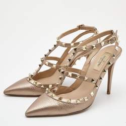 Pre Owned Valentino Metallic Leather Rockstud Strappy Pointed Toe Pumps Size 39