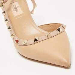Pre Owned Valentino Beige Leather Rockstud Slingback Pumps Size 37