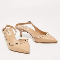 Pre Owned Valentino Beige Leather Rockstud Slingback Pumps Size 37