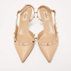 Pre Owned Valentino Beige Leather Rockstud Slingback Pumps Size 37