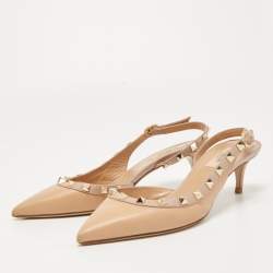 Pre Owned Valentino Beige Leather Rockstud Slingback Pumps Size 37