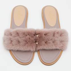 Pre Owned Valentino Pink Fur and Leather Rockstud Flat Sandals Size 39