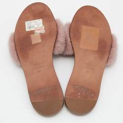 Pre Owned Valentino Pink Fur and Leather Rockstud Flat Sandals Size 39